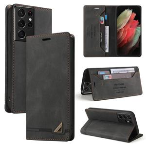 huismerk Voor Samsung Galaxy S21 Ultra 5G Huid Feel Anti-Diefstal Borstel Horizontale Flip Leren Case Met Houder & Card Slots & Portemonnee (Zwart)