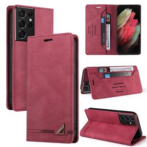 huismerk Voor Samsung Galaxy S21 Ultra 5G Huid Feel Anti-Diefstal Borstel Horizontale Flip Lederen Case Met Houder & Card Slots & Wallet (Wine Red)