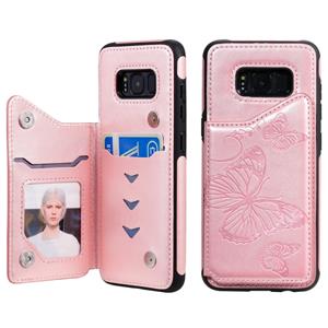 huismerk Voor Galaxy S8 Butterfly Embossing Pattern Shockproof Protective Case met Holder & Card Slots & Photo Frame(Rose Gold)