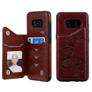 huismerk Voor Galaxy S8 Butterfly Embossing Pattern Shockproof Protective Case met Holder & Card Slots & Photo Frame(Brown)