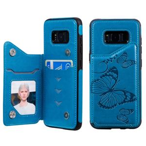 huismerk Voor Galaxy S8 Butterfly Embossing Pattern Shockproof Protective Case met Holder & Card Slots & Photo Frame(Blue)