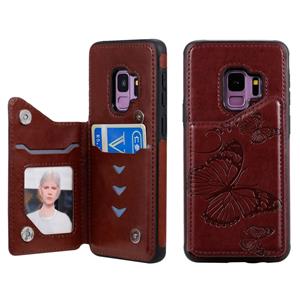 huismerk Voor Galaxy S9 Butterfly Embossing Pattern Shockproof Protective Case met Holder & Card Slots & Photo Frame(Brown)