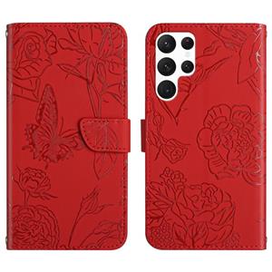 huismerk Voor Samsung Galaxy S22 Ultra 5G Skin Feel Butterfly Peony reliëf lederen telefoonhoesje