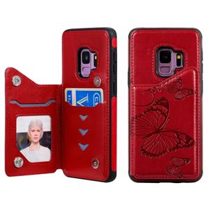 huismerk Voor Galaxy S9 Butterfly Embossing Pattern Shockproof Protective Case met Holder & Card Slots & Photo Frame(Red)