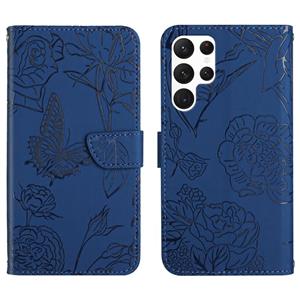 huismerk Voor Samsung Galaxy S22 Ultra 5G Skin Feel Butterfly Peony reliëf lederen telefooncase