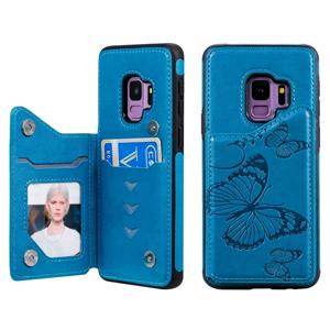 huismerk Voor Galaxy S9 Butterfly Embossing Pattern Shockproof Protective Case met Holder & Card Slots & Photo Frame(Blue)