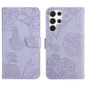 huismerk Voor Samsung Galaxy S22 Ultra 5G Skin Feel Butterfly Peony reliëf lederen telefoonhoes