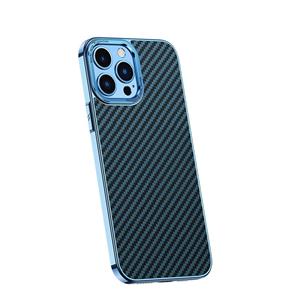 huismerk Koolstofvezel Kevlar galvaniseren telefoonhoes voor iPhone 13 Pro Max (Sierra Blue)