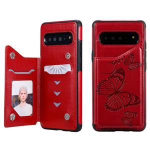 huismerk Voor Galaxy S10 5G Butterfly Embossing Pattern Shockproof Protective Case met Holder & Card Slots & Photo Frame(Red)