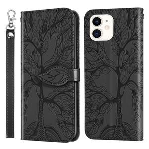 huismerk Leven van boom embossing patroon horizontale flip lederen geval met houder kaartsleuf & portemonnee & fotolijst & lanyard voor iPhone 13 mini (zwart