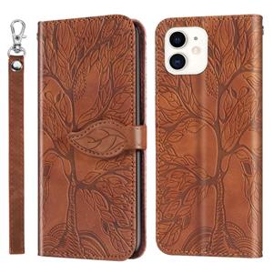 huismerk Leven van boom embossing patroon horizontale flip lederen geval met houder kaartsleuf portemonnee & fotolijst & lanyard voor iPhone 13 mini (bruin)