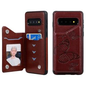 huismerk Voor Galaxy S10 Butterfly Embossing Pattern Shockproof Protective Case met Holder & Card Slots & Photo Frame(Brown)