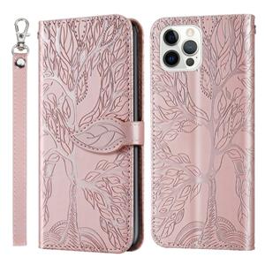 huismerk Leven van boom embossing patroon horizontale flip lederen tas met houder & kaart slot & portemonnee & fotolijst & lanyard voor iphone 13 pro (rose gou