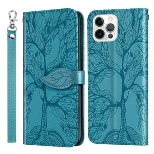 huismerk Leven van boom embossing patroon horizontale flip lederen tas met houder & kaart slot & portemonnee & fotolijst & lanyard voor iphone 13 pro (Lake Blu