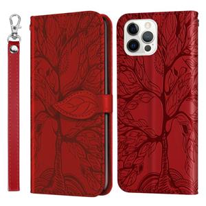 huismerk Leven van boom embossing patroon horizontale flip lederen geval met houder kaartsleuf & portemonnee & fotolijst & lanyard voor iPhone 13 pro (rood)