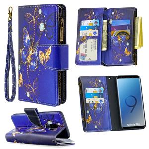 huismerk Voor Samsung Galaxy S9 Plus Gekleurd tekenpatroon Rits Horizontale Flip Lederen case met Holder & Card Slots & Wallet(Purple Butterfly)