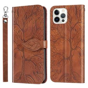 huismerk Leven van boom embossing patroon horizontale flip lederen geval met houder kaartsleuf & portemonnee & fotolijst & lanyard voor iPhone 13 pro (bruin)