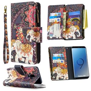 huismerk Voor Samsung Galaxy S9 Plus Gekleurd tekenpatroon Rits Horizontale Flip Lederen case met Holder & Card Slots & Wallet(Flower Elephants)