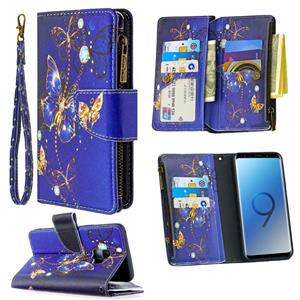 huismerk Voor Samsung Galaxy S9 Gekleurd tekenpatroon Rits Horizontale Flip Lederen case met Holder & Card Slots & Wallet(Purple Butterfly)