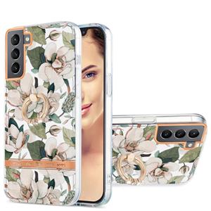 huismerk For Samsung Galaxy S22 5G Ring IMD Flowers TPU Phone Case(Green Gardenia)