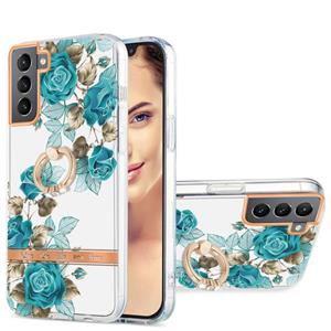 huismerk For Samsung Galaxy S22 5G Ring IMD Flowers TPU Phone Case(Blue Rose)