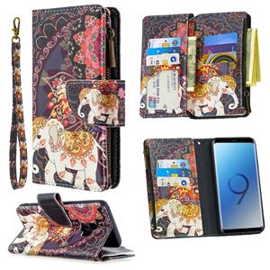 huismerk Voor Samsung Galaxy S9 Gekleurd tekenpatroon Rits Horizontale Flip Lederen Case met Holder & Card Slots & Wallet(Flower Elephants)