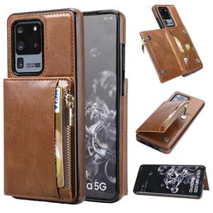 huismerk For Samsung Galaxy S20 Ultra Zipper Wallet Bag PU Back Cover Shockrpoof Phone Case with Holder & Card Slots & Wallet(Brown)