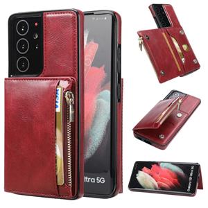 huismerk For Samsung Galaxy S21 Ultra 5G Zipper Wallet Bag PU Back Cover Shockrpoof Phone Case with Holder & Card Slots & Wallet(Red)