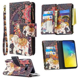 huismerk Voor Samsung Galaxy S10e Gekleurd tekenpatroon Rits Horizontale Flip Lederen case met Holder & Card Slots & Wallet(Flower Elephants)