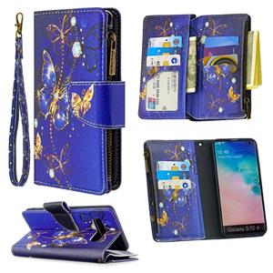 huismerk Voor Samsung Galaxy S10 Plus Gekleurd tekenpatroon Rits Horizontale Flip Lederen case met Holder & Card Slots & Wallet(Purple Butterfly)