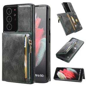 huismerk Voor Samsung Galaxy S21 Ultra 5G Zipper Wallet Bag PU Back Cover ShockRPoof Telefoonhoesje Met Houder & Card Slots & Portemonnee (Groen)