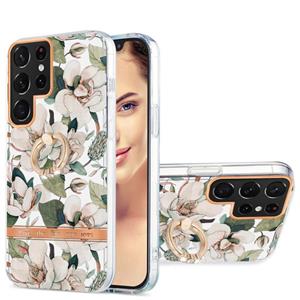 huismerk For Samsung Galaxy S22 Ultra 5G Ring IMD Flowers TPU Phone Case(Green Gardenia)