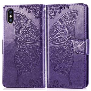 huismerk Butterfly Love bloemen reliëf horizontale Flip lederen case voor iPhone XS Max met houder & kaartsleuven & portemonnee & Lanyard (donker paars)