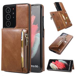 huismerk For Samsung Galaxy S21 Ultra 5G Zipper Wallet Bag PU Back Cover Shockrpoof Phone Case with Holder & Card Slots & Wallet(Brown)