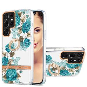 huismerk For Samsung Galaxy S22 Ultra 5G Ring IMD Flowers TPU Phone Case(Blue Rose)