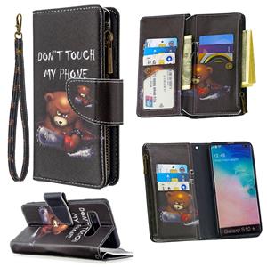 huismerk Voor Samsung Galaxy S10 Plus Gekleurd tekenpatroon Rits Horizontale Flip Lederen case met Holder & Card Slots & Wallet(Bear)