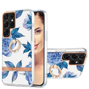 huismerk For Samsung Galaxy S22 Ultra 5G Ring IMD Flowers TPU Phone Case(Blue Peony)