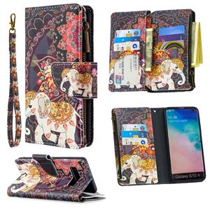 huismerk Voor Samsung Galaxy S10 Plus Gekleurd tekenpatroon Rits Horizontale Flip Lederen case met Holder & Card Slots & Wallet(Flower Elephants)