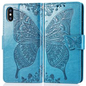 huismerk Butterfly Love bloemen reliëf horizontale Flip lederen case voor iPhone XS Max met houder & kaartsleuven & portemonnee & Lanyard (blauw)