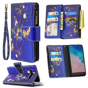 huismerk Voor Samsung Galaxy S10 Gekleurd tekenpatroon Rits Horizontale Flip Lederen case met Holder & Card Slots & Wallet(Purple Butterfly)