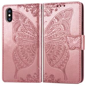 huismerk Butterfly Love bloemen reliëf horizontale Flip lederen case voor iPhone XS Max met houder & kaartsleuven & portemonnee & Lanyard (Rose goud)