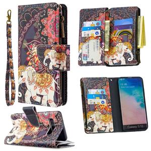 huismerk Voor Samsung Galaxy S10 Gekleurd tekenpatroon Rits Horizontale Flip Lederen case met Holder & Card Slots & Wallet(Flower Elephants)