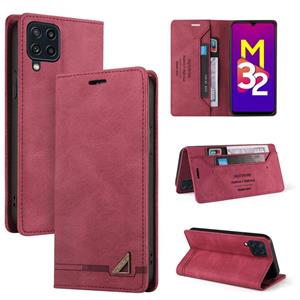 huismerk Voor Samsung Galaxy M32 Skin Feel Anti-Diefstal Borstel Horizontale Flip Leren Case Met Houder & Card Slots & Portemonnee (Wijnrood)