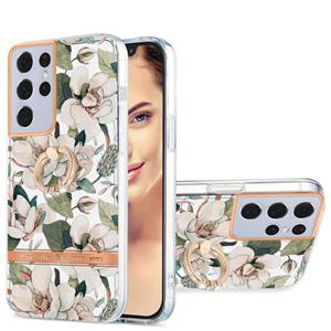 huismerk For Samsung Galaxy S21 Ultra 5G Ring IMD Flowers TPU Phone Case(Green Gardenia)