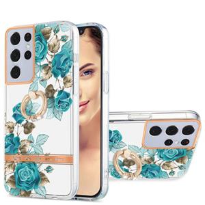 huismerk For Samsung Galaxy S21 Ultra 5G Ring IMD Flowers TPU Phone Case(Blue Rose)