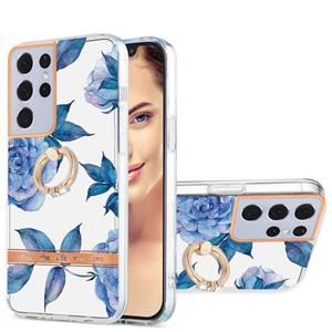 huismerk For Samsung Galaxy S21 Ultra 5G Ring IMD Flowers TPU Phone Case(Blue Peony)