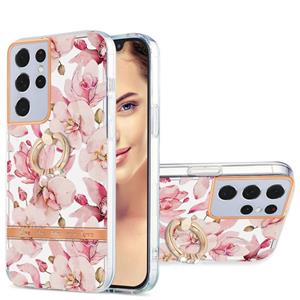 huismerk For Samsung Galaxy S21 Ultra 5G Ring IMD Flowers TPU Phone Case(Pink Gardenia)