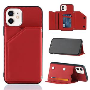 huismerk Skin Feel PU + TPU + PC Back Cover Shockproof Case met Kaartslots & Houder & Photo Frame Voor iPhone 12 mini(Rood)