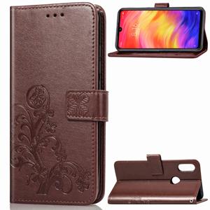 huismerk Lucky Clover ingedrukt bloemen patroon lederen draagtas voor Xiaomi Redmi opmerking 7 met houder & kaartsleuven & portemonnee & hand strap (bruin)