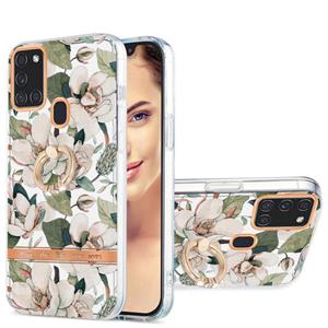 huismerk For Samsung Galaxy A21s / A217F Ring IMD Flowers TPU Phone Case(Green Gardenia)